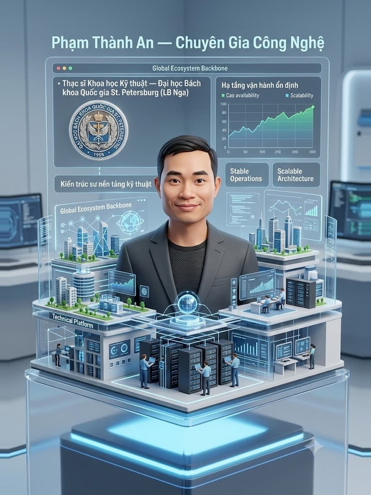 Phạm Thành An — Chuyên gia Công nghệ. Thạc sĩ Khoa học Kỹ thuật — Đại học Bách khoa Quốc gia St. Petersburg (LB Nga). Kiến trúc sư nền tảng kỹ thuật, phụ trách hạ tầng vận hành ổn định của toàn hệ sinh thái.